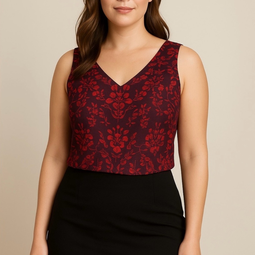 CAbi Red Floral V-Neck Cameo Tank
